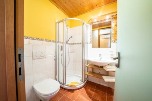 Badezimmer mit Dusche im Biohotel Sommerau